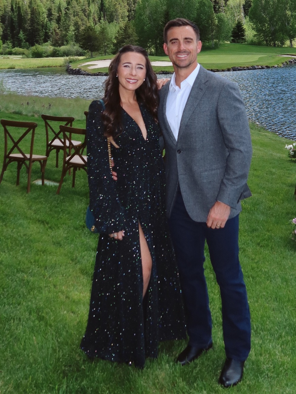 Black Dress with Emerald Green & Blue Sparkles - Long Sleeve Evening Gown